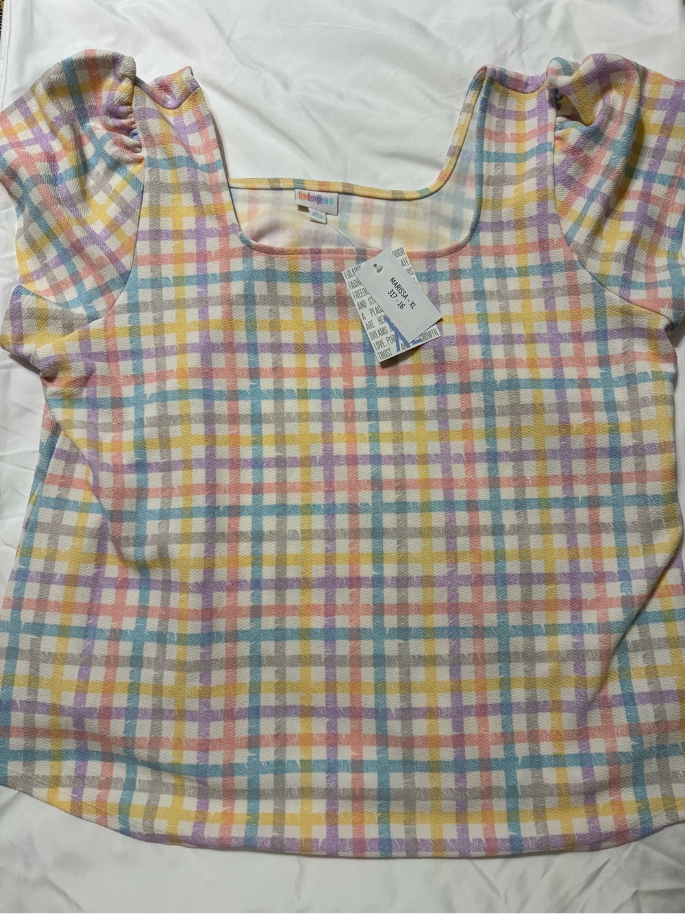 LuLaRoe Marissa Pastel Plaid Top - Yellow, Pink, Blue, Purple, Cream, XL